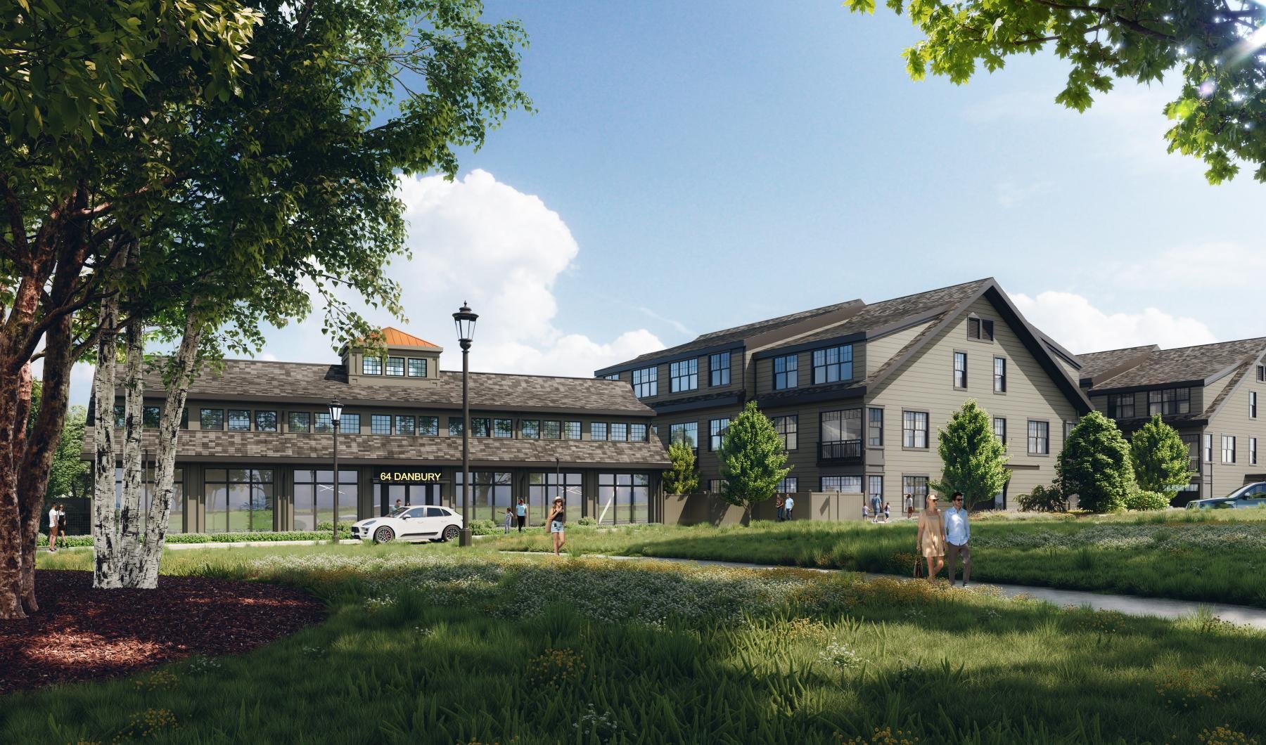 a building with a lawn and trees