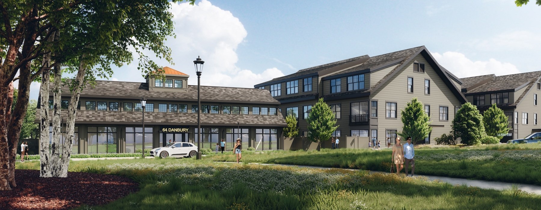 a building with a lawn and trees